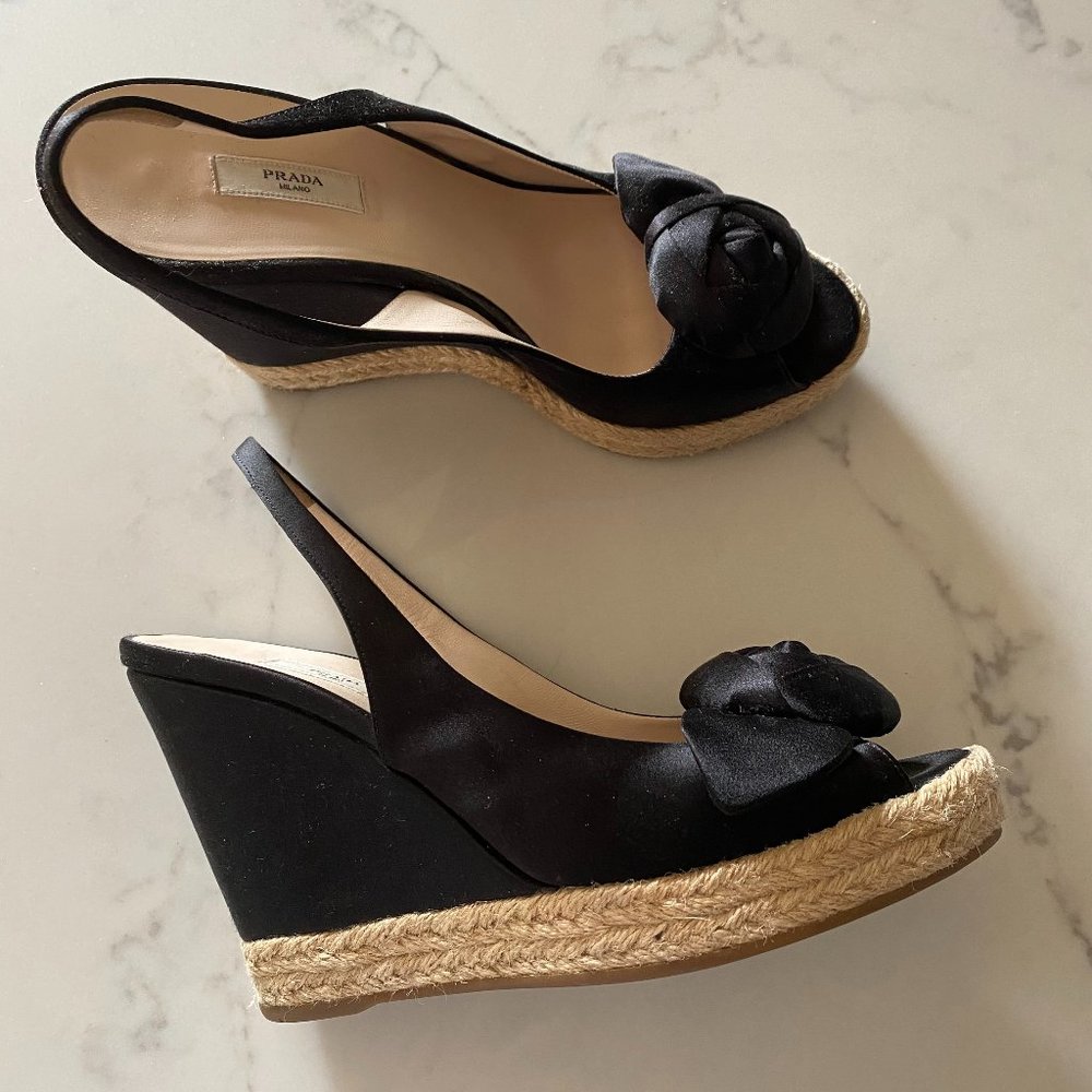 prada satin wedge peep toe espadrilles w/ rosette